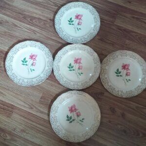 Vintage Nasco Queens Rose 5 Dinner Plates 22K Gold Trim 10 1/4" USA